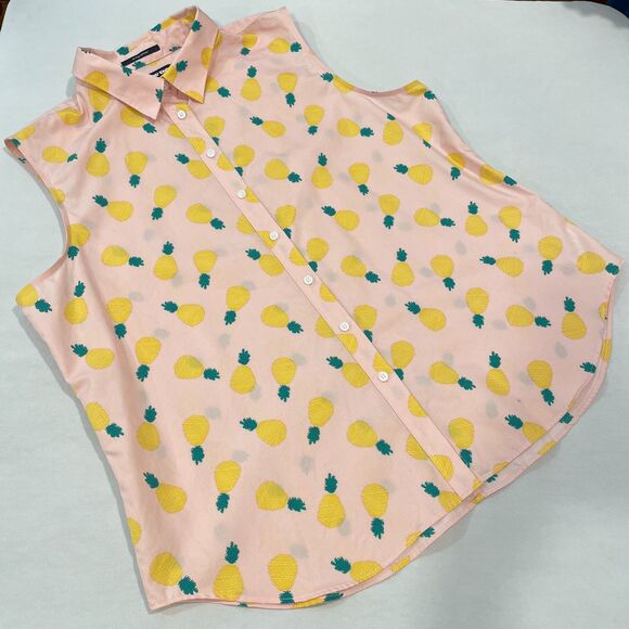 ~ Lands' End 16p Pineapple Print No-Iron Cotton Sleeveless Shirt Button-Up Pink - Picture 5 of 11